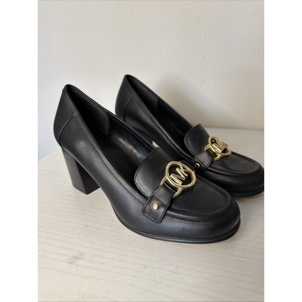 Michael Kors Padma Loafer 8.5M Black Leather Block Heel Logo Corporatecore Chic